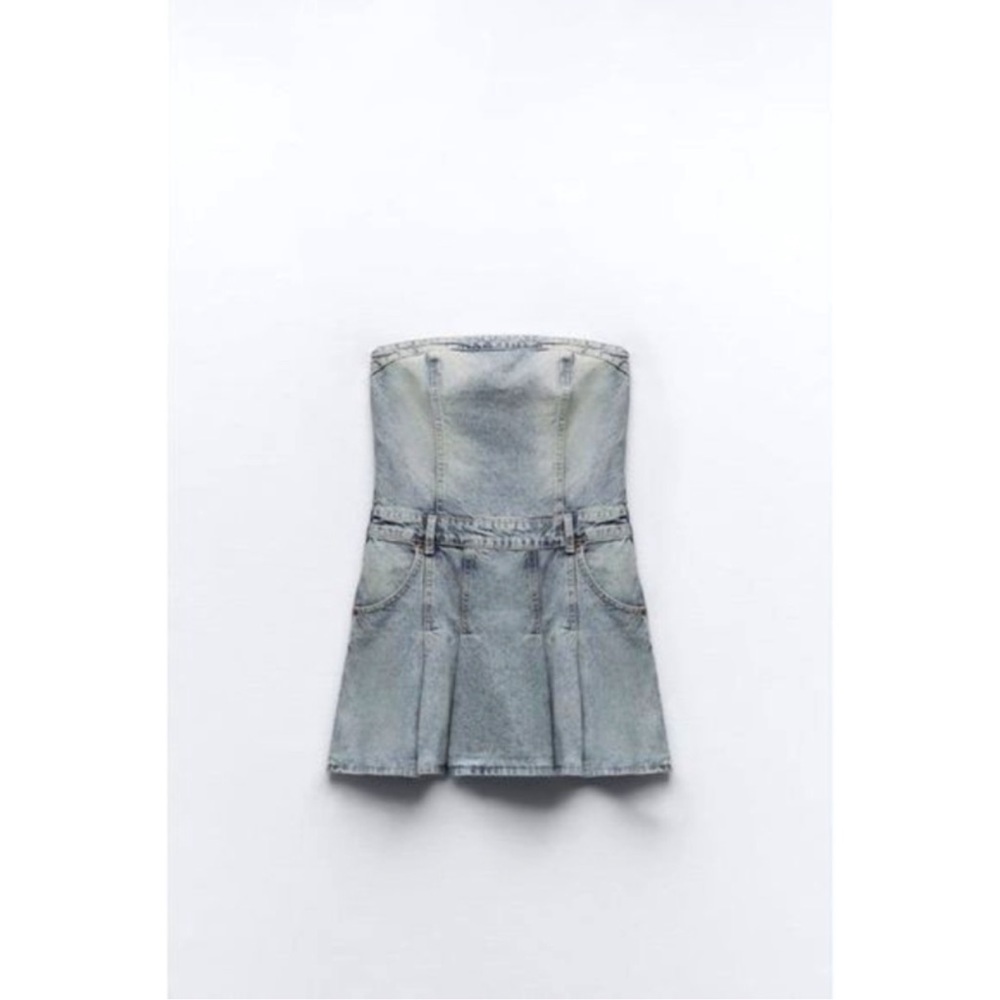 Zara PLEATED TRF STRAPLESS DENIM MINI DRESS Size Small NWT - Picture 4 of 11